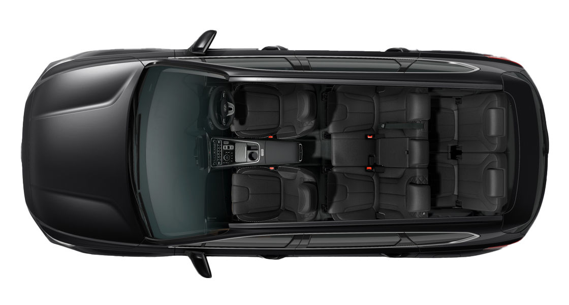 Gambar tampak atas memperlihatkan konfigurasi kursi/jok dari Hyundai Santa Fe